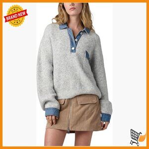 Long Sleeve Pullover Sweater with Denim Collar, Hand Wash Only